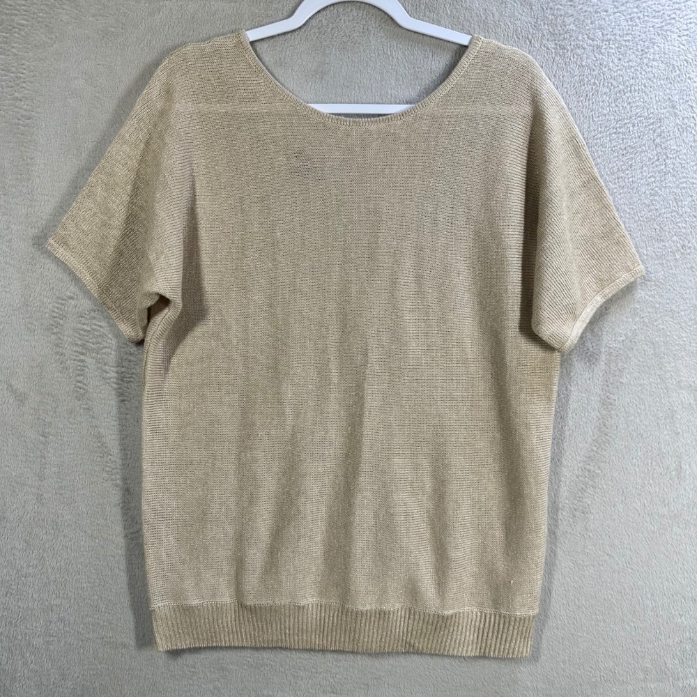 Talbots Knit Sweater LP Gold Linen Blend Metallic V-Neck Short Sleeve Mature